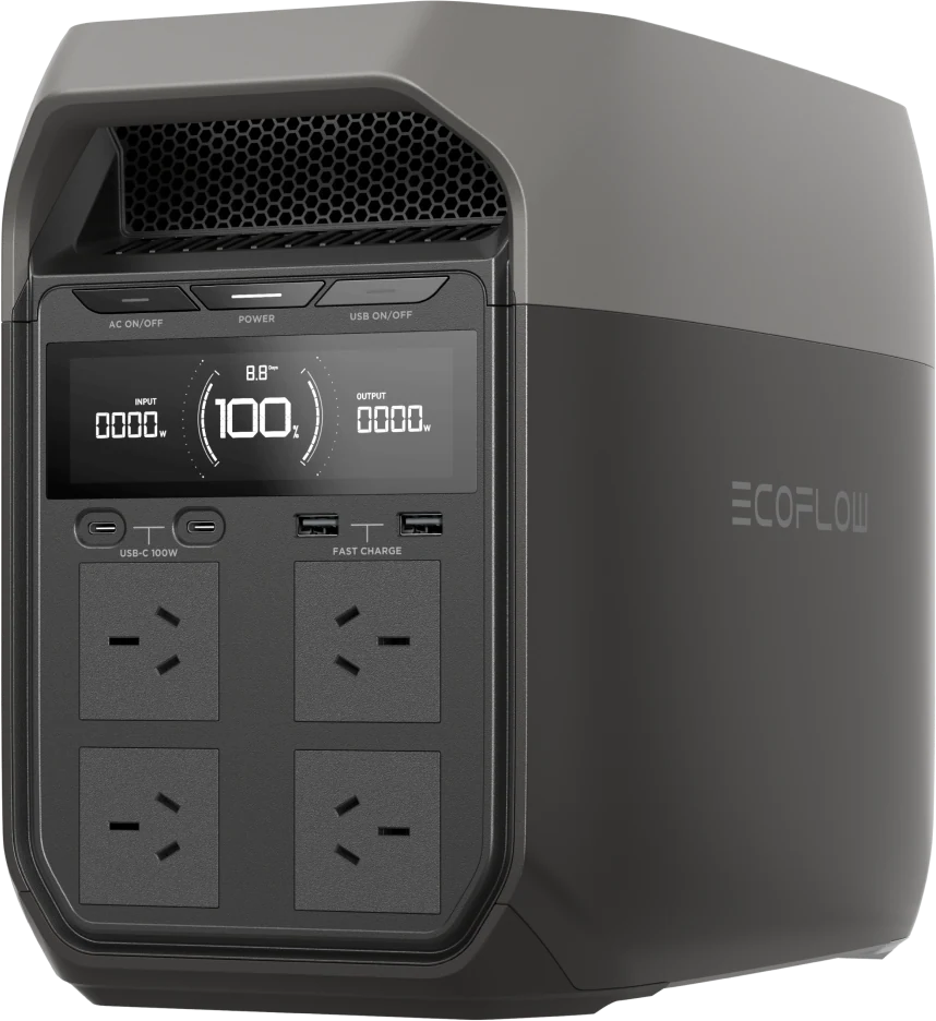 Manufacturer image of the Australian EcoFlow DELTA 3, shown from the front and side.