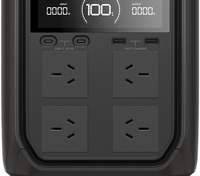 Manufacturer image showing the Australian DELTA 3 front power outlets and USB ports.