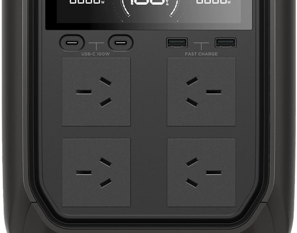 Manufacturer image showing the Australian DELTA 3 front power outlets and USB ports.
