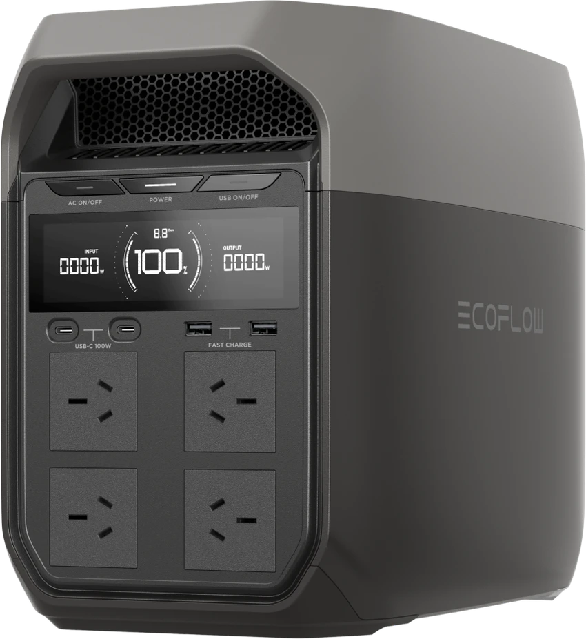 Manufacturer image of the Australian EcoFlow DELTA 3, shown from the front and side.
